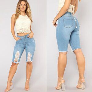 Fashion Nova Bermuda Shorts Denim Blue Distressed Ripped High Waisted New Tag 11